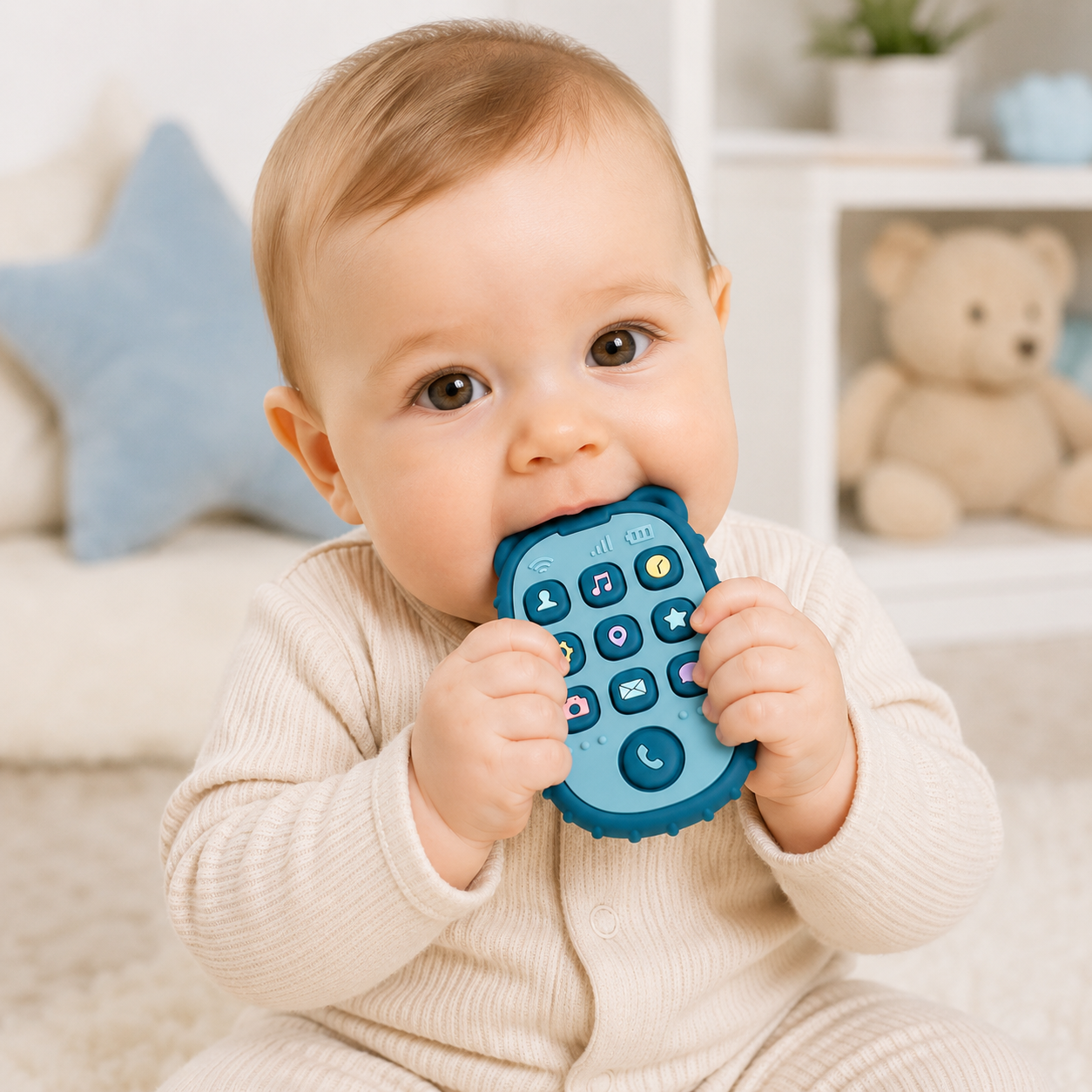 Mordedor de silicona para bebés en forma de celular